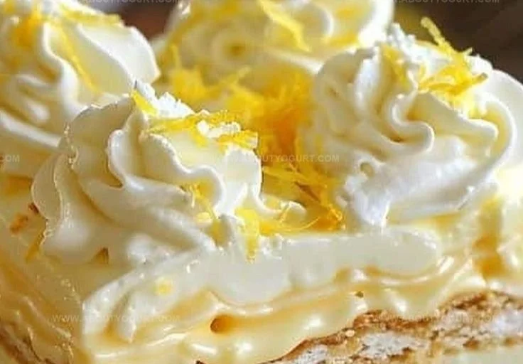 Delicious no-bake lemon eclair cake topped with lemon icing and fresh fruits