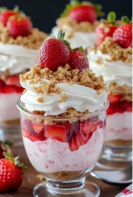 No-Bake Strawberry Cheesecake Parfaits with layers of strawberry and cheesecake in a glass