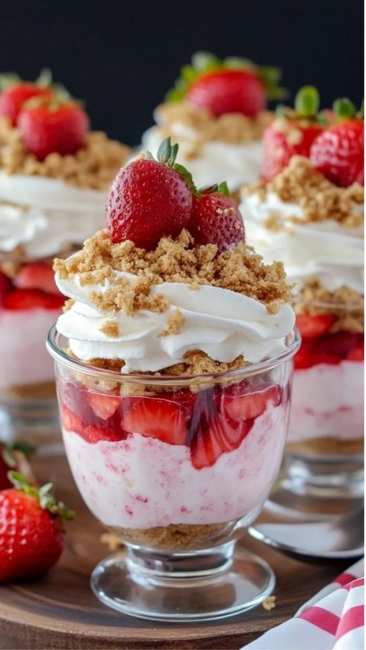 No-Bake Strawberry Cheesecake Parfaits with layers of strawberry and cheesecake in a glass