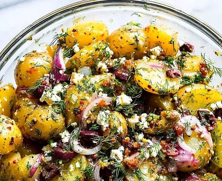 Olive Greek Potato Salad with fresh ingredients and herbs
