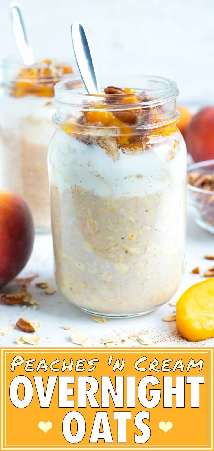 Delicious Peach Cobbler Overnight Oats topped with fresh peaches and cinnamon.