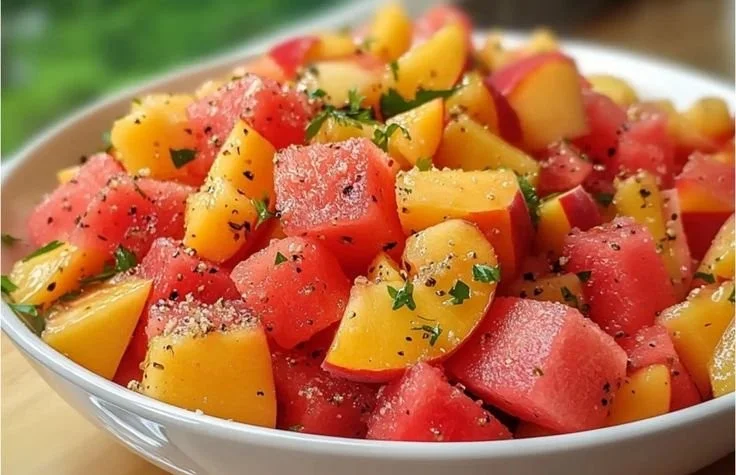Delicious Peach Watermelon Salad with fresh peaches and watermelon slices