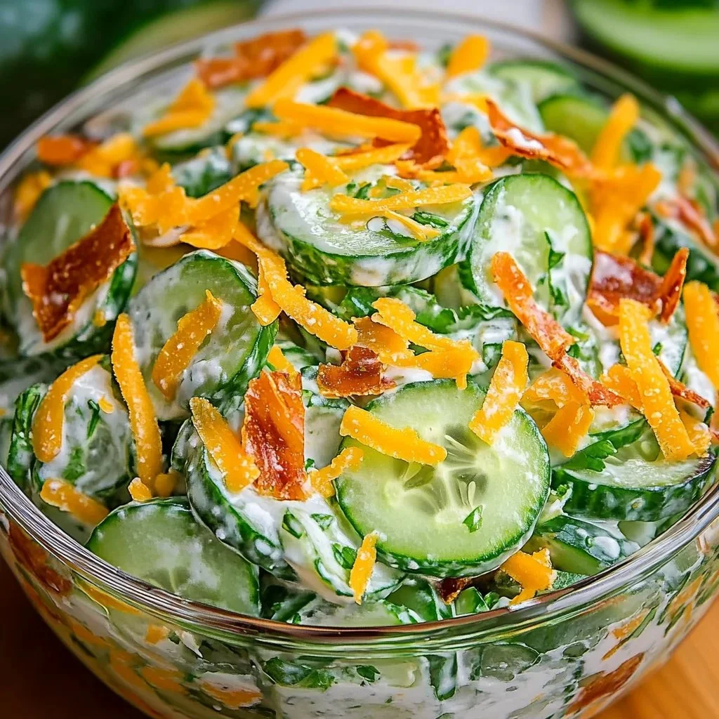 Delicious cucumber ranch salad served in a bowl, ideal for a refreshing snack.