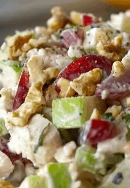 Delicious roasted chicken salad with fresh vegetables and dressing