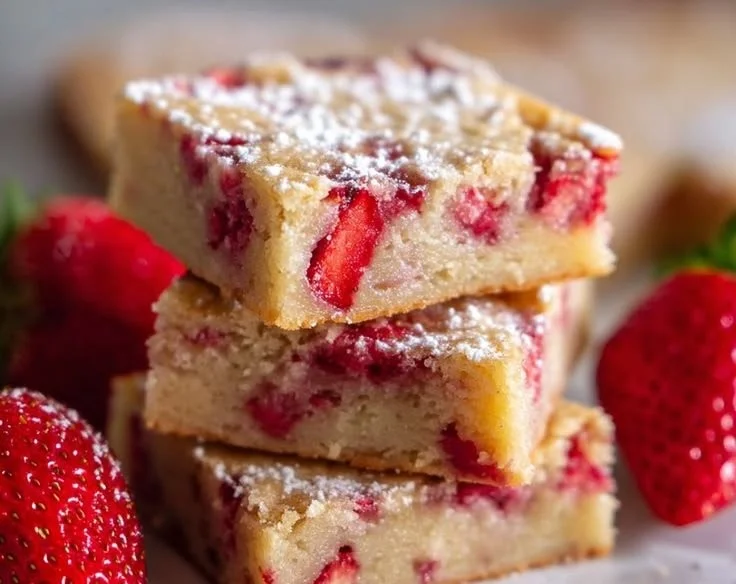 Delicious strawberry blondies topped with fresh strawberries and a golden crust