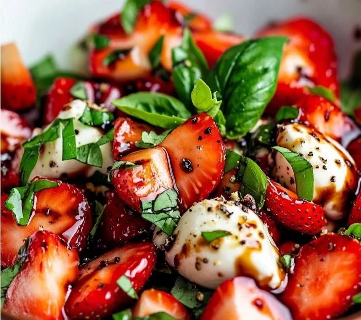 Delicious Strawberry Caprese Salad with mozzarella and fresh basil