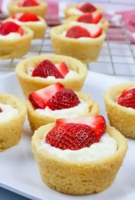 Strawberry cheesecake cookie cups topped with fresh strawberries and cream