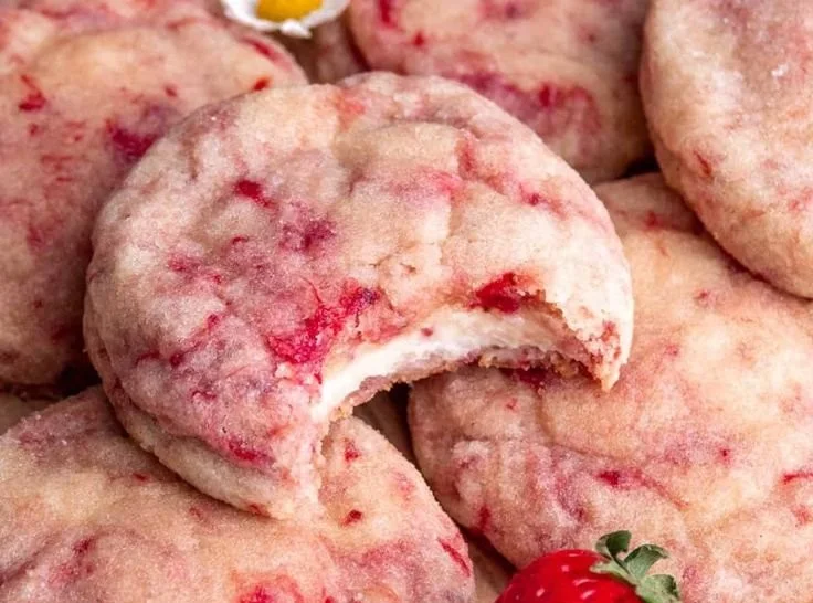 Delicious strawberry cheesecake cookies with fresh strawberries on top