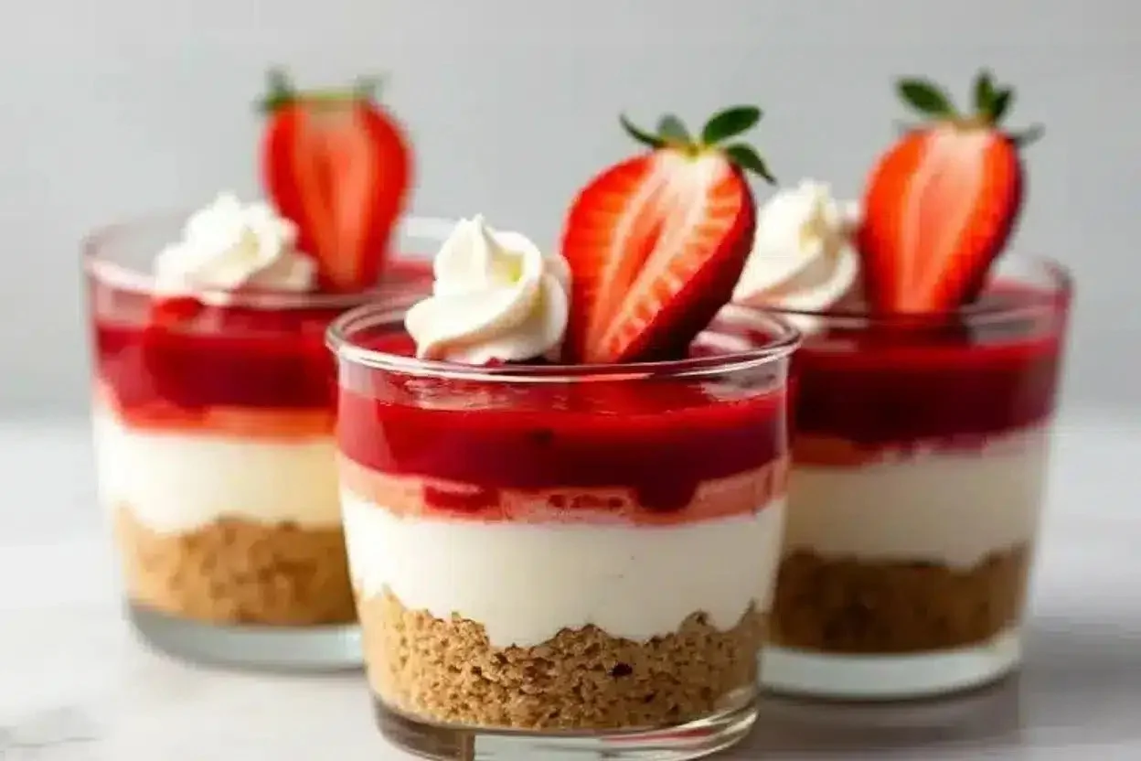 No-bake strawberry cheesecake cups topped with fresh strawberries