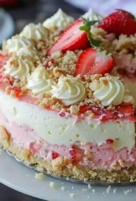 Delicious Strawberry Crunch Cheesecake topped with strawberry pieces and crunchy bits.