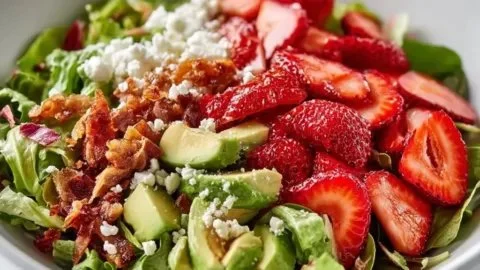 Delicious Strawberry Crunch Salad with fresh strawberries and crunchy topping