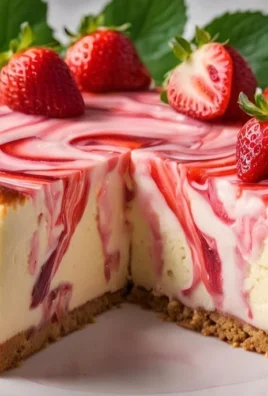 Delicious strawberry swirl cheesecake topped with fresh strawberries