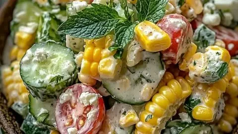 Delicious street corn creamy cucumber salad served in a bowl.