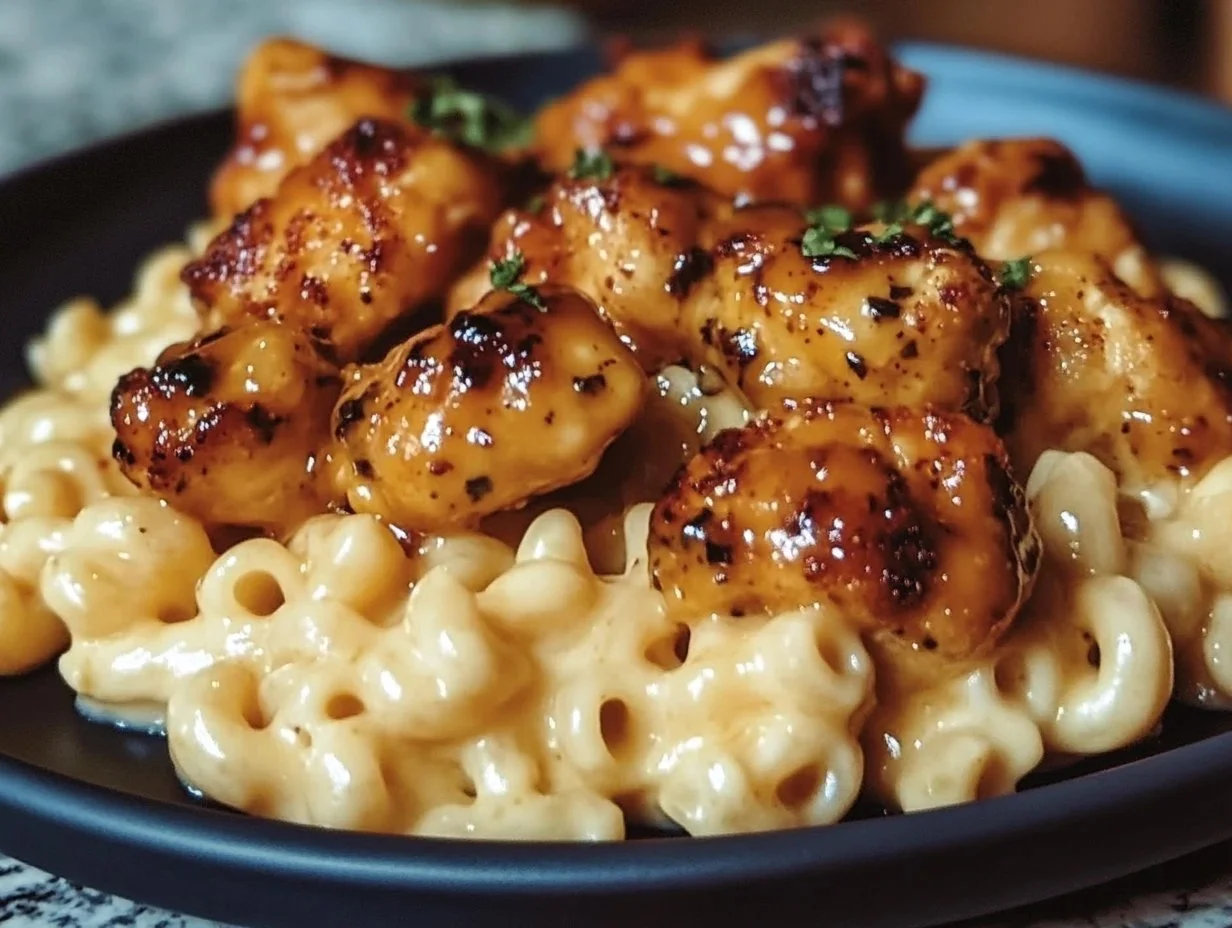 Sweet and Spicy Honey Pepper Chicken served with creamy macaroni cheese.