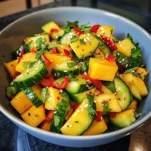 Bowl of Thai Mango Cucumber Salad with fresh ingredients