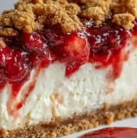 Delicious strawberry crumble cheesecake topped with crunchy crumble.