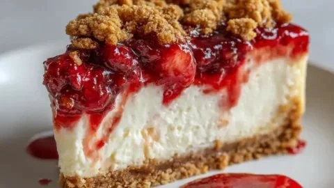 Delicious strawberry crumble cheesecake topped with crunchy crumble.