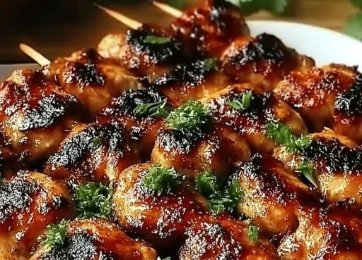 Grilled Thai coconut chicken skewers served on a tropical-themed plate.