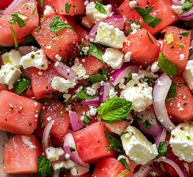 Refreshing Watermelon Feta Salad with Mint served in a bowl