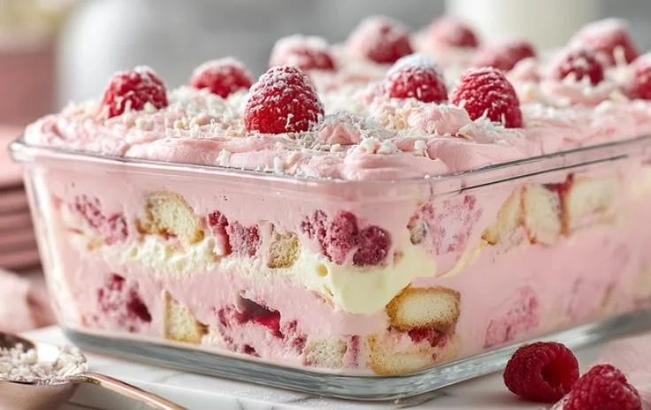 Delicious White Chocolate Raspberry Tiramisu dessert served on a white plate.