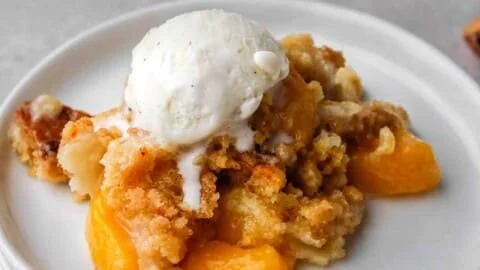 Delicious 3-Ingredient Cake Mix Peach Cobbler fresh from the oven.
