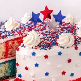Festive 4th of July Cake decorated with red, white, and blue frosting.