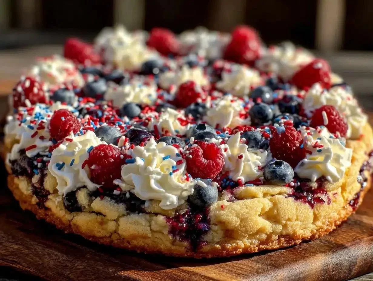Delicious red, white, and blue cookie cake for 4th of July celebration
