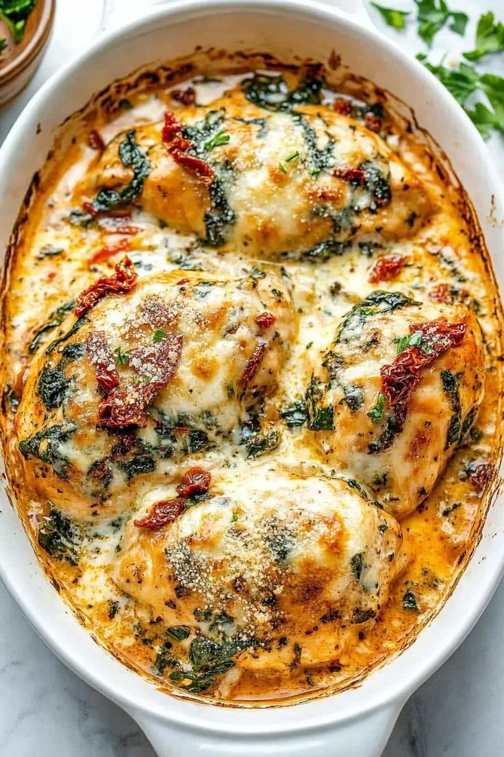 Baked Tuscan chicken casserole with fresh vegetables and herbs