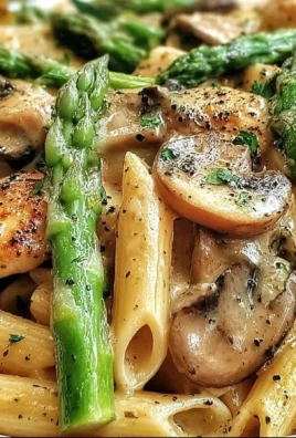 Delicious Chicken Penne with Mushroom and Asparagus garnished with herbs