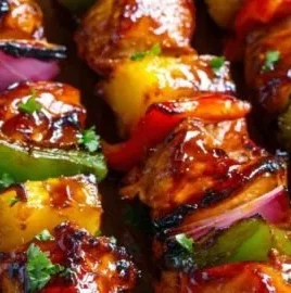 Grilled Chicken Pineapple Kabobs served on a skewers
