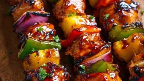 Grilled Chicken Pineapple Kabobs served on a skewers