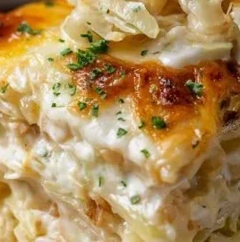 Creamy baked cabbage casserole served in a dish for two