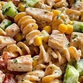 Delicious barbecue chicken pasta salad served in a bowl, perfect for summer meals
