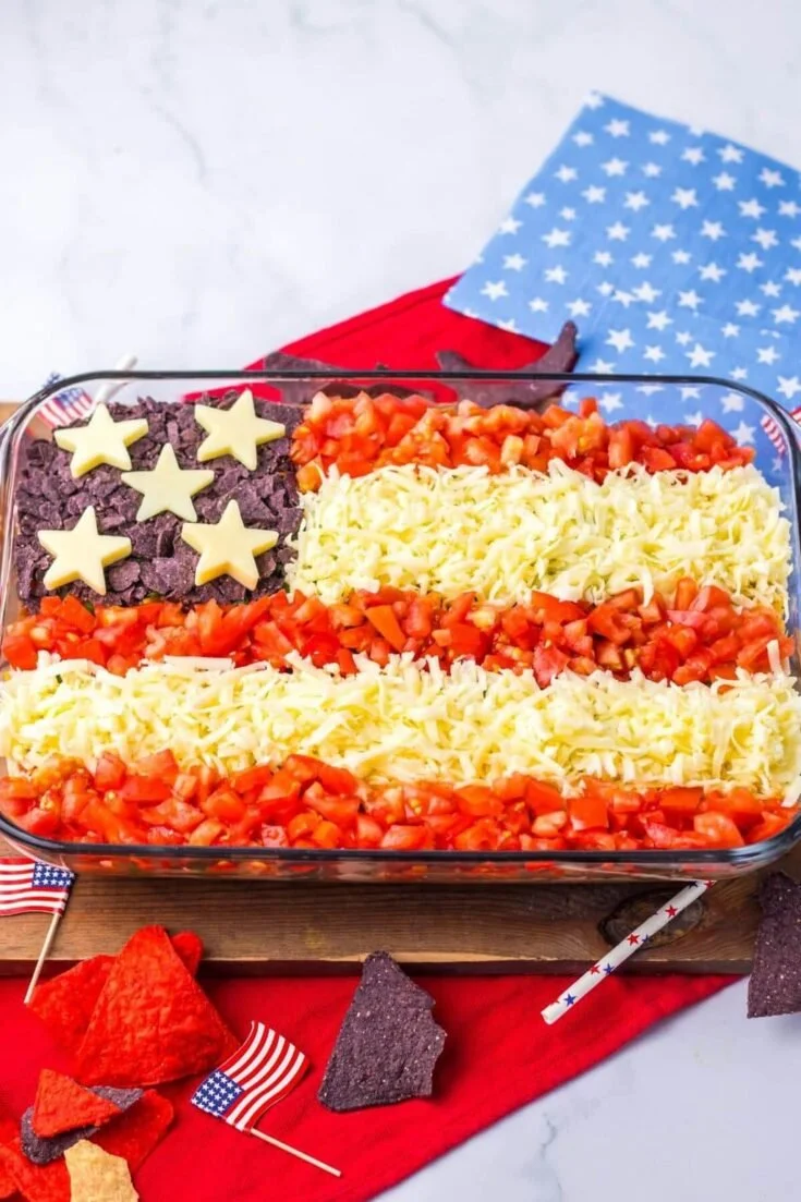Festive Flag Taco Dip arranged in a colorful layer for parties