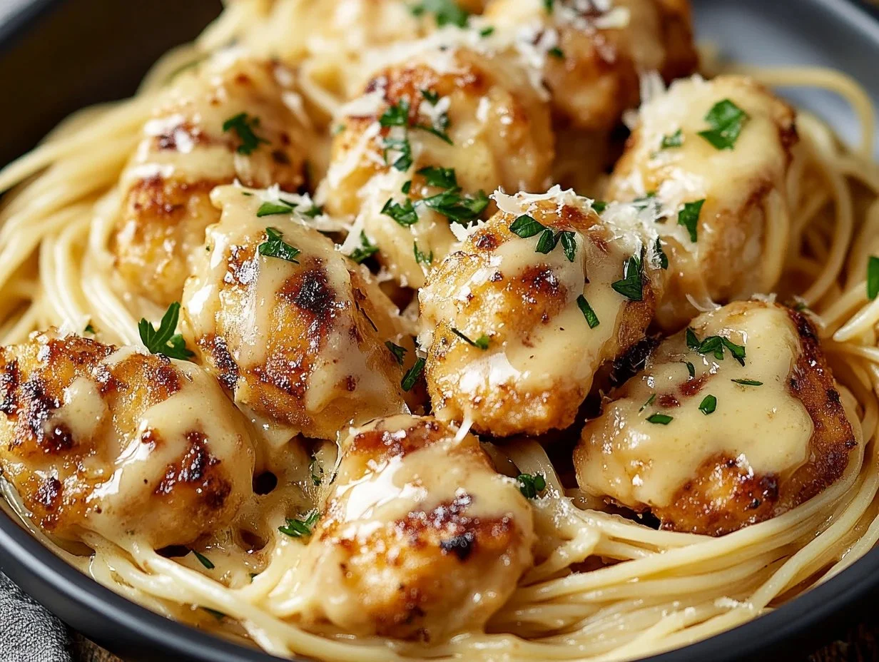 Garlic Butter Chicken Bites with Creamy Parmesan Pasta
