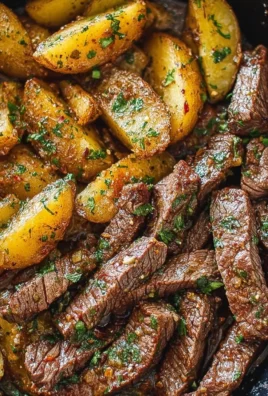 Delicious Garlic Butter Steak Bites served in a skillet with crispy potatoes.