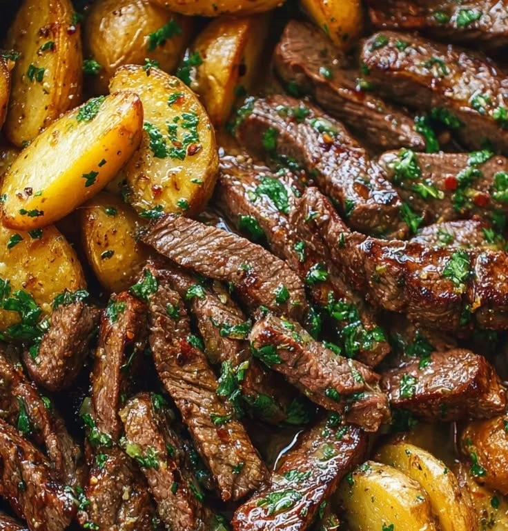Garlic Butter Steak Bites and Potatoes Skillet
