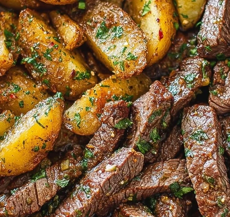 Garlic Butter Steak Bites and Potatoes Skillet