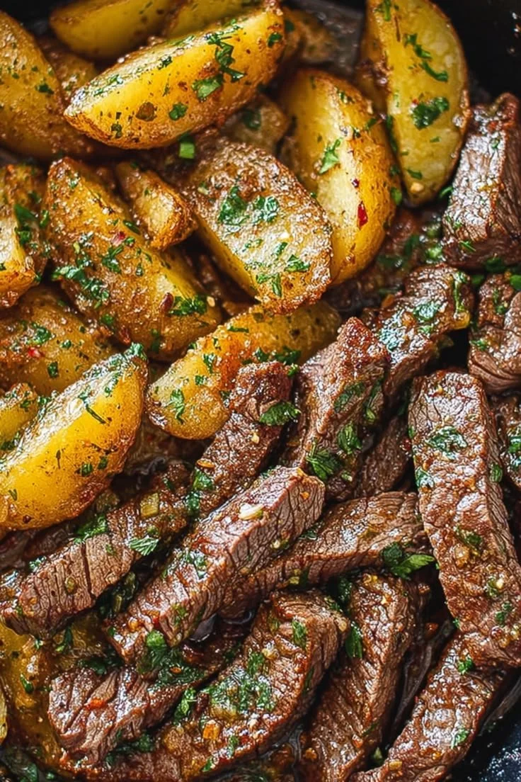 Garlic Butter Steak Bites and Potatoes Skillet