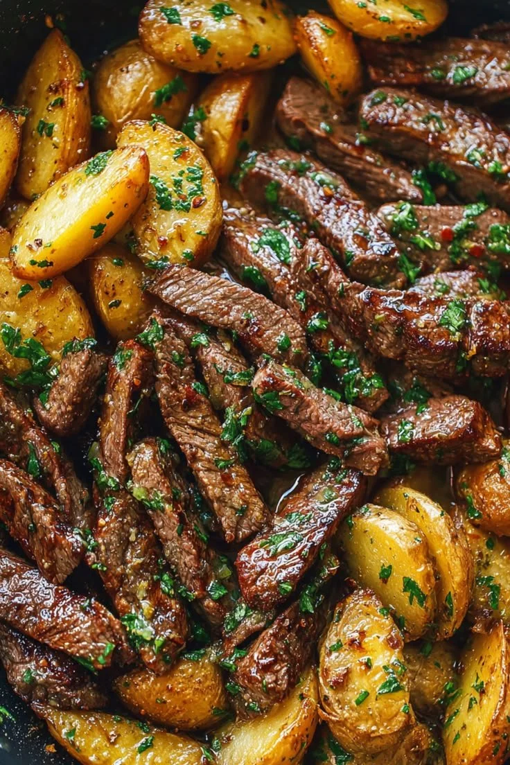 Garlic Butter Steak Bites and Potatoes Skillet