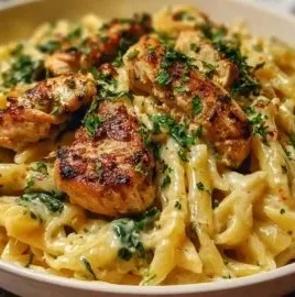 Garlic Parmesan Chicken Pasta dish served with fresh herbs