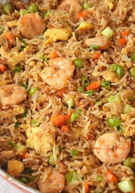 Delicious homemade Chinese shrimp fried rice with vibrant vegetables