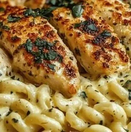 Indulgent creamy garlic parmesan chicken served with cheesy twisted pasta.