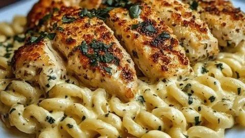 Indulgent creamy garlic parmesan chicken served with cheesy twisted pasta.