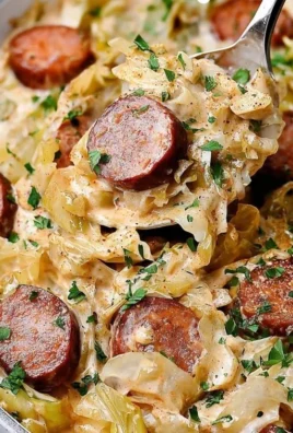 Creamy Cajun Sausage Cabbage Alfredo served in a bowl, showcasing low-carb ingredients.