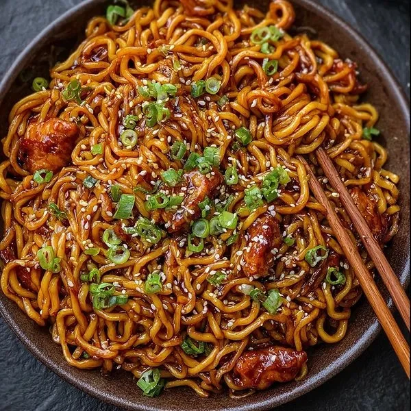 Bowl of Korean spicy chicken noodles with vibrant vegetables and seasoning