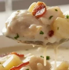 Delicious bowl of creamy New England clam chowder with fresh clams and potatoes