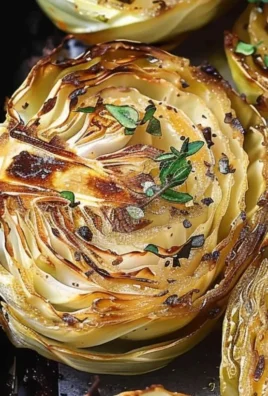 Delicious roasted cabbage steaks served on a plate with seasoning