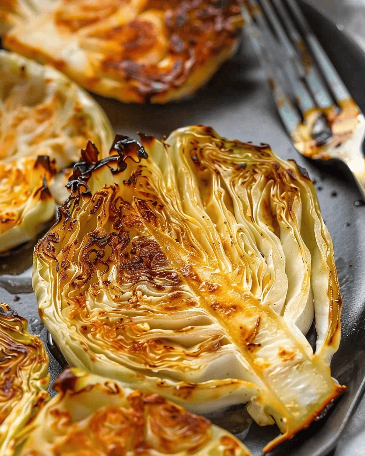 Roasted cabbage steaks on a plate with herbs and seasoning