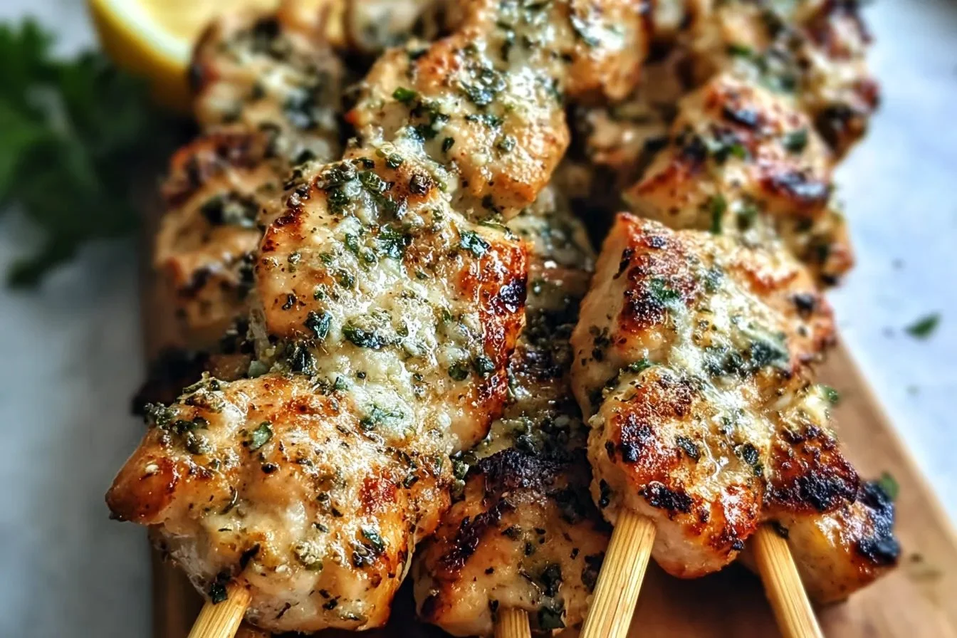Garlic parmesan chicken skewers grilled to perfection for a summer barbecue